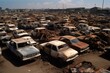 A cluttered auto scrapyard with wrecked vehicles at different stages of disrepair, being dismantled and sent for remelting. Generative AI