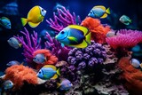 Fototapeta Dmuchawce - Various vibrant fish move through coral. Generative AI