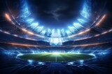 Fototapeta Las - Dramatic illuminated soccer stadium and running track with a futuristic neon glow in a 3D-rendered image. Generative AI
