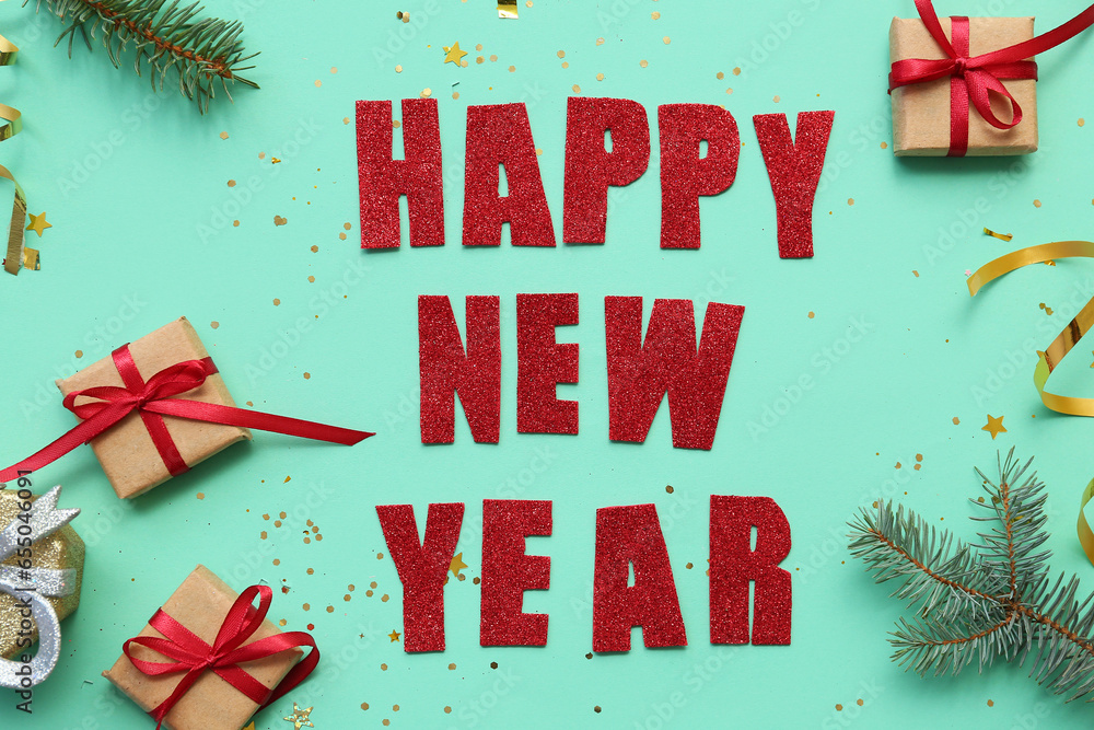 Text HAPPY NEW YEAR with Christmas tree branches and gift boxes on turquoise background