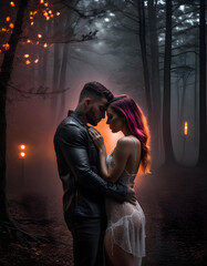 Wall Mural - Urban fantasy couple in the forest with dramatic lighting 