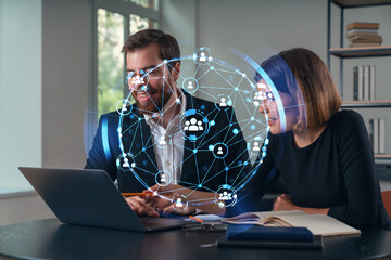 Wall Mural - thoughtful businesspeople typing on laptop at office workplace. concept of team work, business educa
