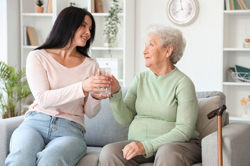 Poster - Senior woman taking glass of water from her daughter at home