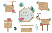 Wood Banner Collection Of Safari.Editable Vector Illustration For Birthday Invitation,postcard And Sticker