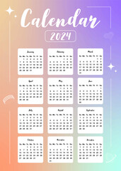 Wall Mural - 2024 table calendar year.week start on sunday with gradient style that use for vertical digital and printable A4 A5 size