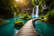 Waterfall In The Forest And Wooden Bridge Over The Lake, Waterfall Background, Waterfall Wallpaper, Tropical Waterfall, Waterfall Wildlife