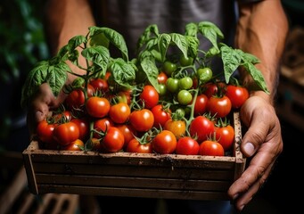 Young farmer with freshly picked tomato in basket. Hand holding wooden box with vegetables in field. Fresh Organic Vegetable. AI Generative.