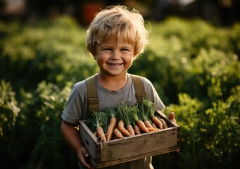 Young farmer with freshly picked carrots in basket. Hand holding wooden box with vegetables in field. Fresh Organic Vegetable. AI Generative.