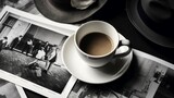Fototapeta Most - Still life details, cup of coffee and retro vintage black-and-white photos, top view point