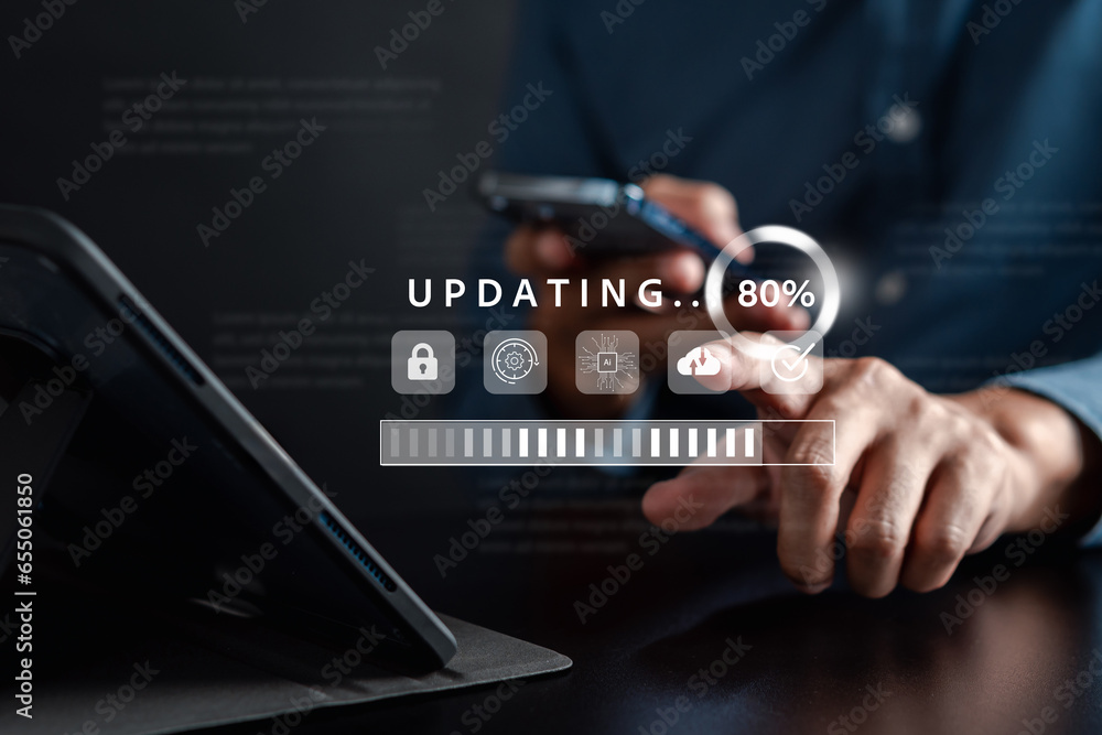 Update software and installing new version system in computer. Man ...