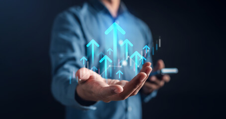 Leinwandbilder - Growth arrows increase planning business target to successful. Businessman holding arrows goal to leadership objective goal. Corporate strategy for finance, operations, sales.