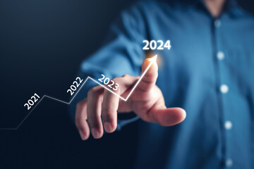 Aufkleber - Growth up of Happy new year resolution planning and challenge strategy business with arrow up in New year 2024 with chart graph and countdown merry christmas and happy new year concept..