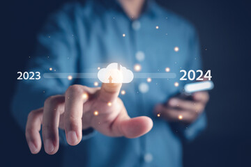 Poster - Loading progress from 2023 to 2024 to countdown merry christmas and happy new year, Planning and challenge strategy in new year 2024 Concept.