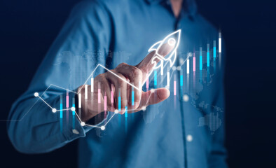 Leinwandbilder - Businessman touch rocket launch investment growth, planning and starting corporate business start up aiming objective value development leadership and customer target group.