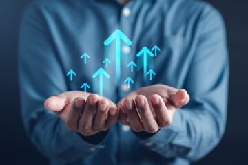 Leinwandbilder - Growth arrows increase planning business target to successful. Businessman holding arrows goal to leadership objective goal. Corporate strategy for finance, operations, sales.