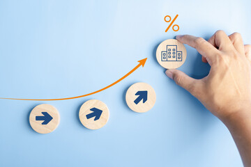 Poster - Company business growth success achievement concept, hand arranging wooden block stacking as step stair or ladder for planning development leadership and customer target group concept.