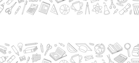 School outline banner. Back to school. Trophy, diploma, notebook, microscope, tube, pencil, eraser, schoolbag, globe, scissors, calculator.