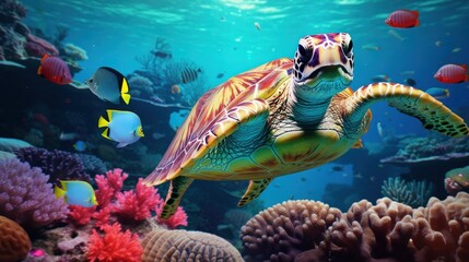 Sea Turtle in underwater world  with colorful coral and small fish.