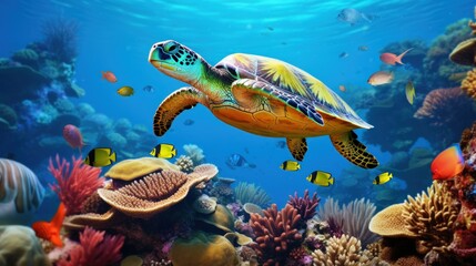 Sea Turtle in underwater world  with colorful coral and small fish.