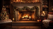 Fireplace With Christmas Ornaments. Open Storybook Lying On A Wooden Bench By The Fireside. Cozy Relaxed Magical Atmosphere In A Chalet House Decorated For Christmas. Holiday Concept. 