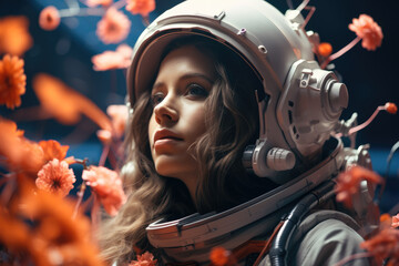 Canvas Print - Pretty girl in the space helmet with the flowers.