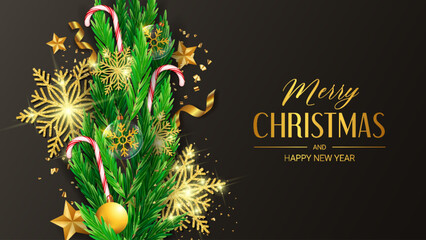 Wall Mural - Merry christmas and happy new year luxury golden wallpaper background vector illustration