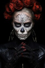 Wall Mural - Woman with makeup is a skull on a black background.