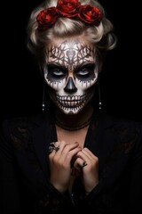 Wall Mural - Woman with makeup is a skull on a black background.