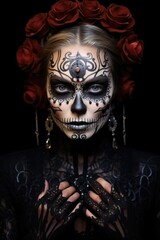 Wall Mural - Woman with makeup is a skull on a black background.