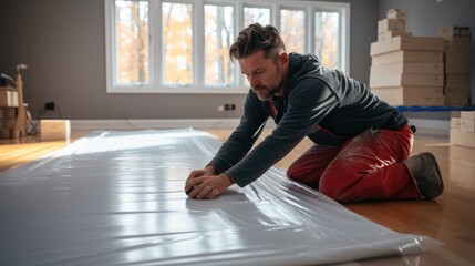 Aufkleber - Construction worker preparing the floor for laminate installation, laying down a floor underlayment at new home.