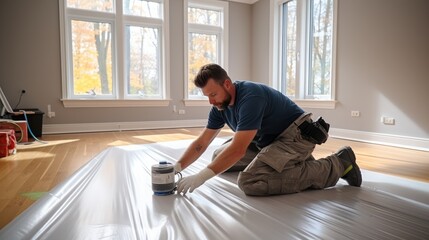 Aufkleber - Construction worker preparing the floor for laminate installation, laying down a floor underlayment at new home.