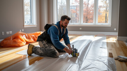 Aufkleber - Construction worker preparing the floor for laminate installation, laying down a floor underlayment at new home.