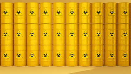 radioactive storage tanks with a warning for chemical and radiation risks on a yellow backdrop.,3d r