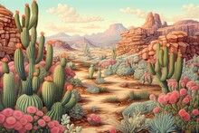 Arid Splendor: Captivating Cactus Drawing Reveals Vibrant Blooms In Desert Landscape, Generative AI