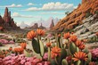 Desert Landscape: Vibrant Cacti Blooms Amid Arid Terrain, generative AI