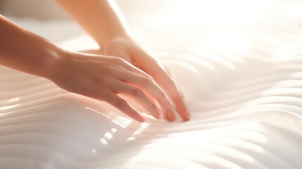 Woman hand touching soft light mattress