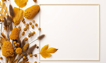 Autumn Composition Frame Made Of Autumn Leaves, Acorn, Pine Cones, Flower On White Background. Flat Lay Design, Top View