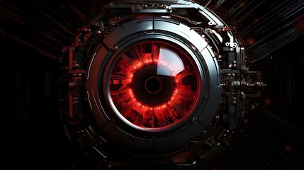 Wall Mural - red cyberpunk artificial intelligence eye looking into the future