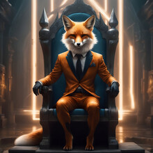 A Wolf Sitting On A Throne Wearing A Suit  And A Lightening Effect On The Back