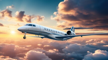 Fototapete - Private jet flying in the blue sky with white clouds in the background. Sunset light business travel concept