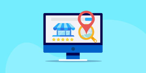 Wall Mural - finding business store, shop location on search engine map, internet technology seo ecommerce market