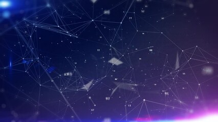 Aufkleber - Technology digital line corner structure cyber data network connection concept. Abstract geometric, triangle shape moving with number particle floating in blue 4K motion background.