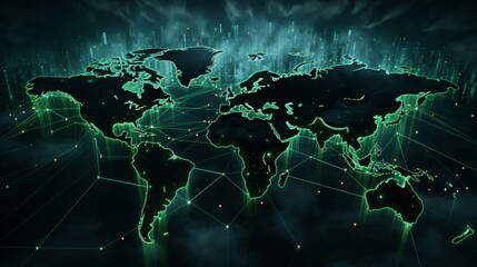 explore the green world map adorned with a captivating glow of the global network light.