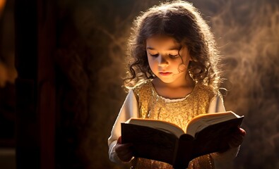 Wall Mural - Little girl reading holy bible book. Worship at home.