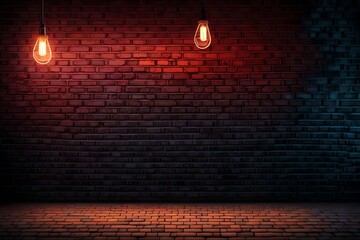 Wall Mural - background of an empty room with a brick wall, searchlight lights, neon light. dark street, smoke, r