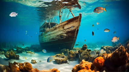 Wall Mural - a sunken schooner on the sea floor, bright clear water 