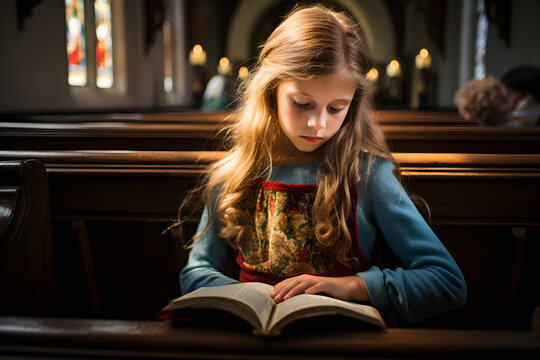 little girl reading holy bible book. worship at church.