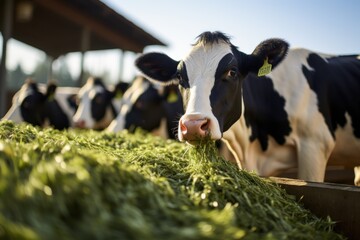 Cows eat grass feed in the cow barn. cow in farm