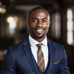 Wall Mural - confident, and approachable African businessman avatar wearing a well-tailored suit and tie, with a short haircut and neatly trimmed beard, warm smile and friendly eyes. 