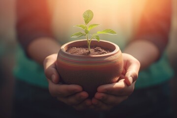 Hands holding plant pot. Small nature. Generate Ai